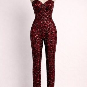 Strapless Sequin Jumpsuit in Deep Burgundy